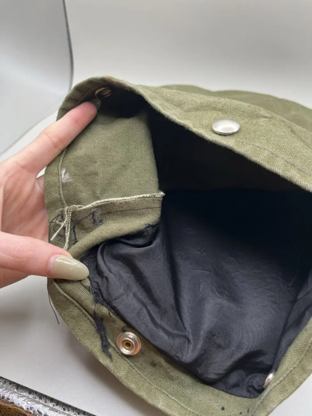 Military Olive Green Canvas Snap Utility Pouch Black Lined Storage Bag Tactical
